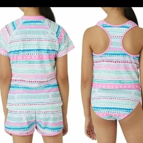 Eddie Bauer Youth 4pc Swim Set Reversible Tankini Rash Guard L 14/16 NWT - Picture 2 of 4
